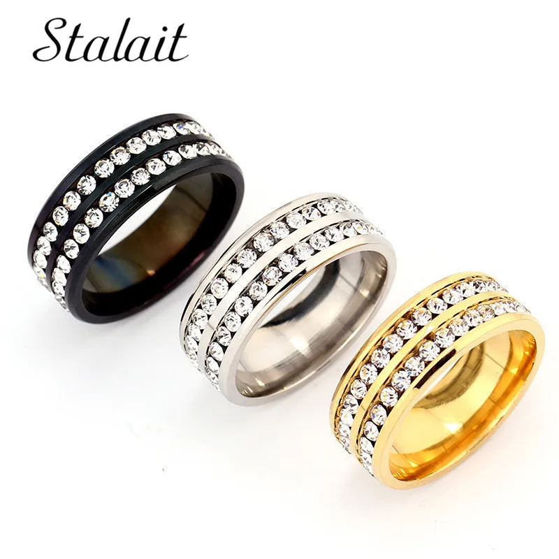 

4 Color Luxury 2 Row Crystal Wedding Brands Rings For Women Man Fashion 316L Stainless Steel Circle 8mm Ring Female Jewelry