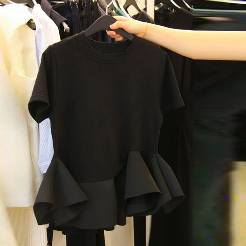 

2021 Korean Summer Ruffles Female T Shirts Short Sleeve O-neck Women Tops New Preppy Style Patchwork Camisetas