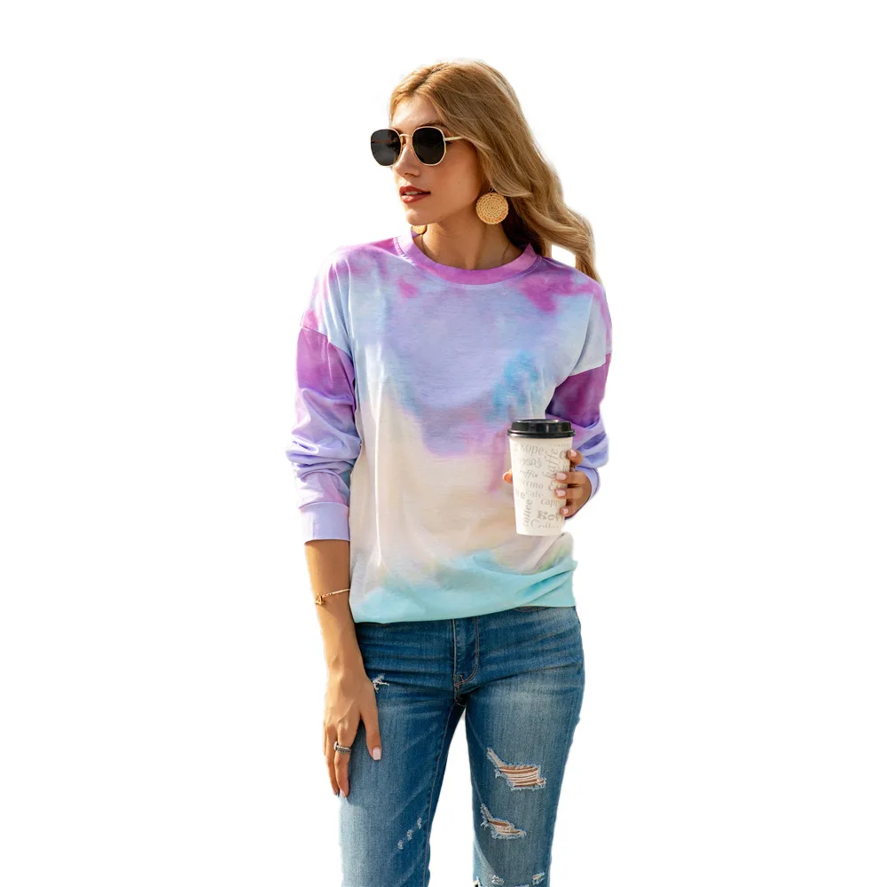 Тай-дай печати с капюшоном для женщин длинным рукавом Новая мода 2021 весенние