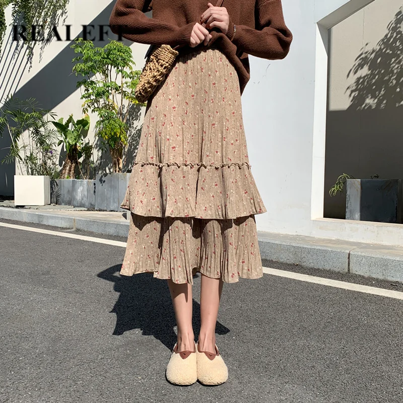 REALEFT Весна 2020 новые женские винтажные длинные юбки с цветочным принтом и оборками