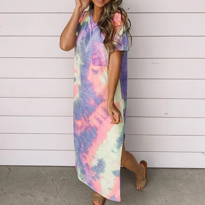 

Summer Fashion Casual O-neck Dress Tie-dye Print Slit Loose Pullover Ankle-length Dress