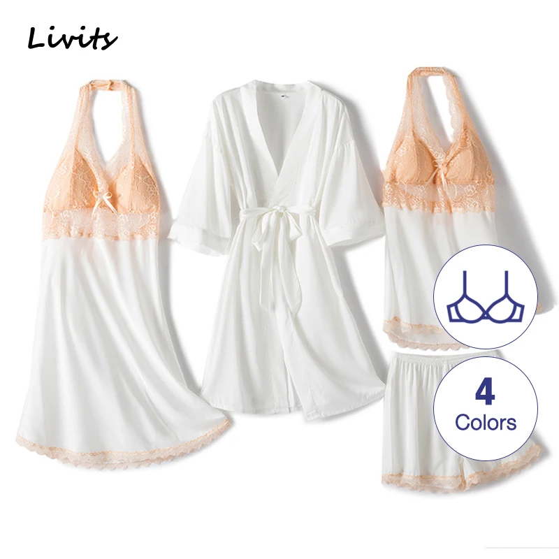 Women's Robe Gown Sets Built-in Bra Premium Satin Silk Pajamas Pyjamas Sleepwear Nightwear Loungewear Lace Sexy For Female | Женская