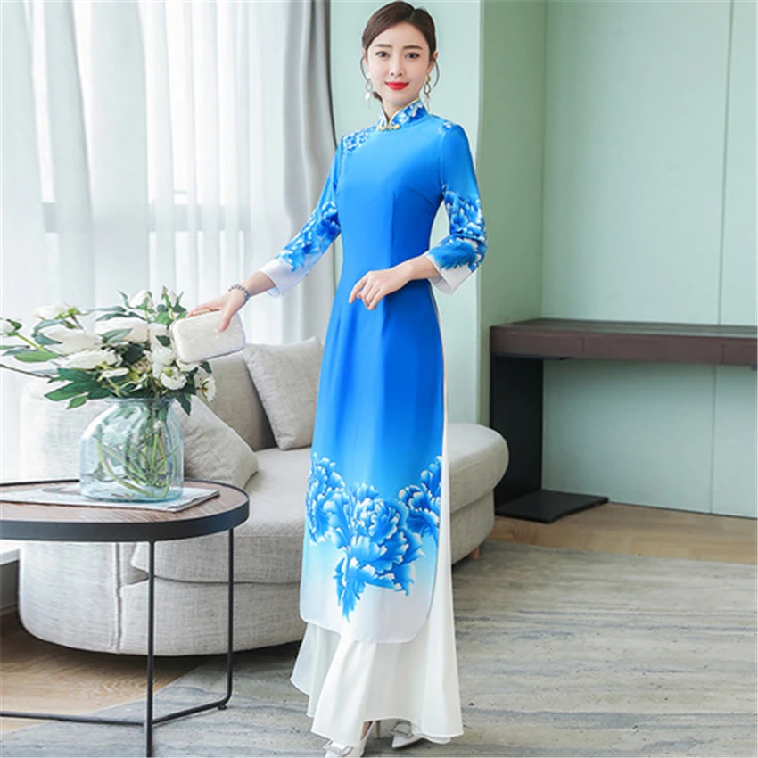 Летнее изящное китайское платье-Ципао Aodai, азиатское платье в народном стиле, народное платье с воротником для женщин, длинное классическое платье в античном стиле