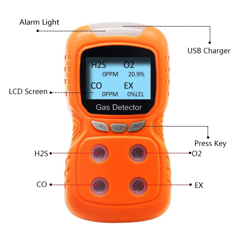 

Portable Gas Detector Gas Clip 4 Gas Monitor Meter Tester Analyzer Rechargeable LCD Display Sound Light Shock Air Quality Tester