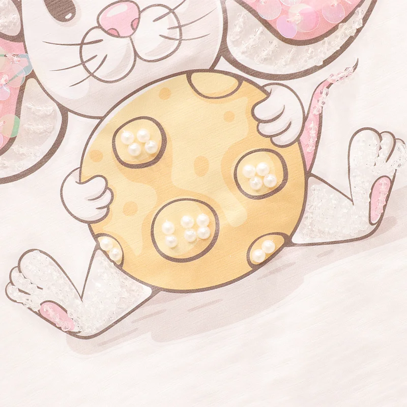 

Summer New Fashion Women Beading Sequins Cartoon Print Short sleeve T Ladies Loose Cotton Tee shirt Femme Tops Streetwear