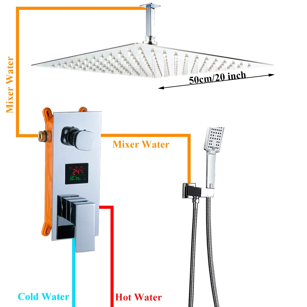 20 inch Shower Set Смеситель для ванной комнаты с хромированным цифровым дисплеем, смеситель для ванной, настенный смеситель для ванной, смеситель для ванной комнаты - Цвет: 20 inch Shower Set