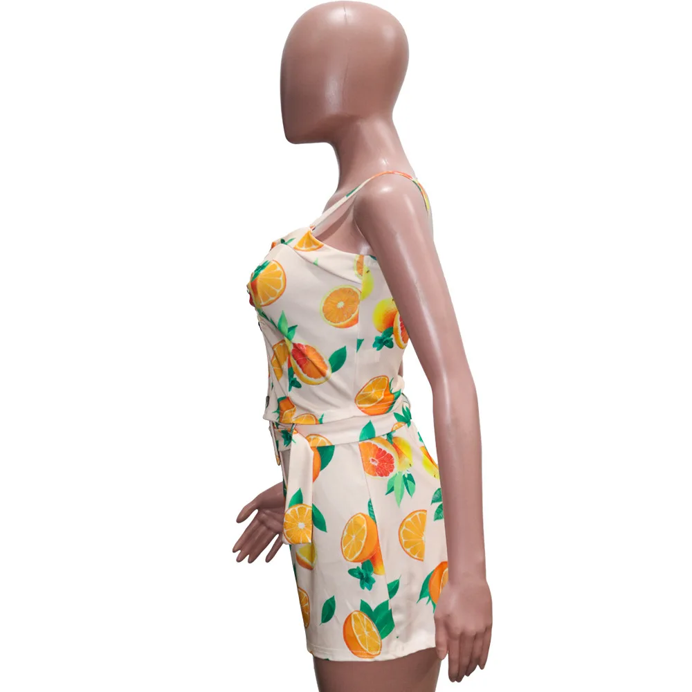 

New summer dress sexy hollow out fruit print condole belt shoulder strap adjustable knickers contain belt suit