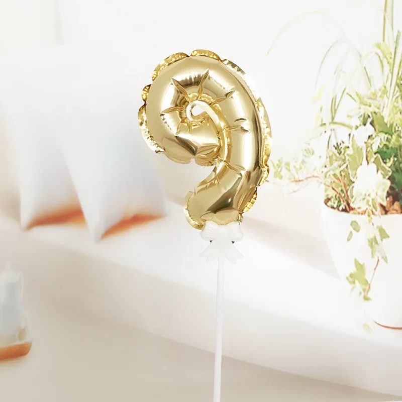 Gold Number 9 Самонадувающиеся мини золотые воздушные шары из фольги в виде цифр Торт Топперы с бантом Пластиковая Палочка Свадьба День Рождения Вечеринка торт поставки - Цвет: Gold Number 9