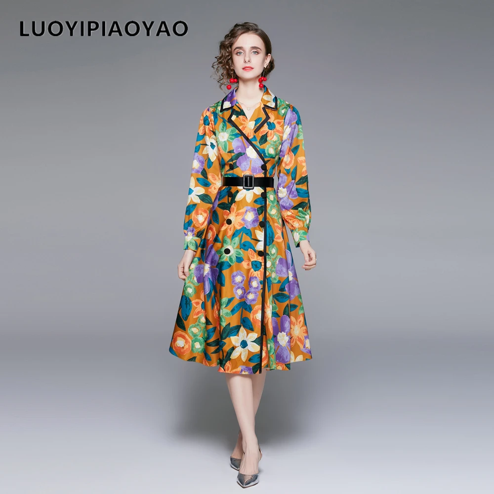 

Женский двубортный Тренч с принтом, подиумное дизайнерское винтажное длинное пальто с длинным рукавом, верхняя одежда на осень и зиму