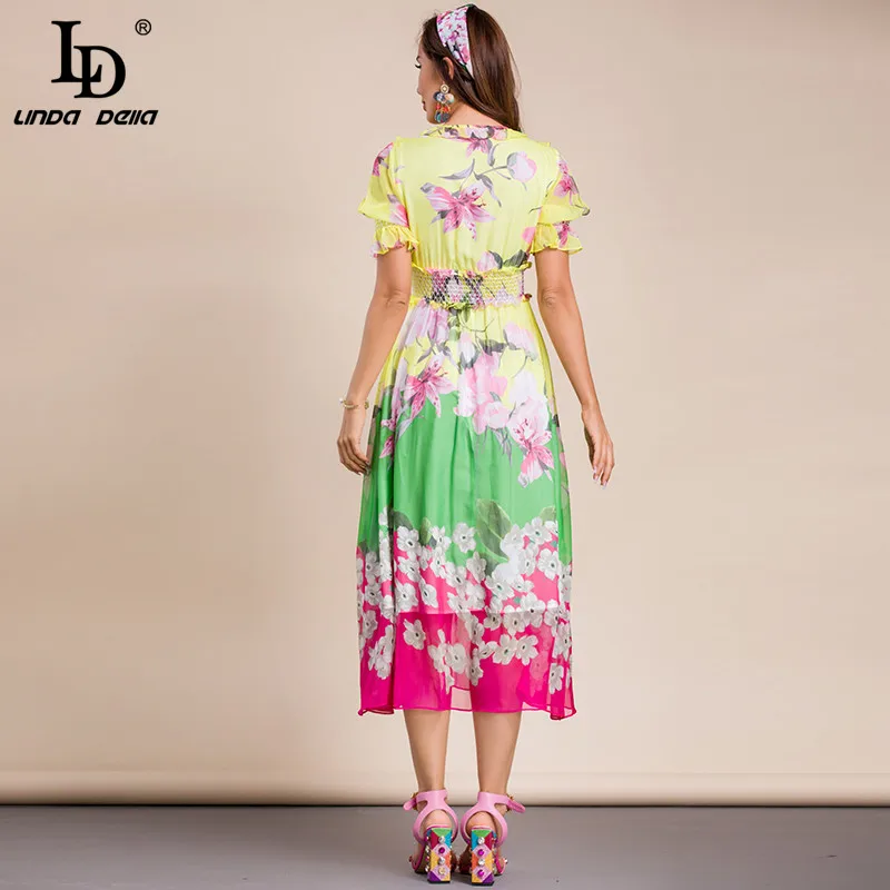 

LD LINDA DELLA New 2021 Fashion Designer Summer Dress Women's Ruffles Puff Sleeve Elastic Waist Floral print Midi Holiday Dress