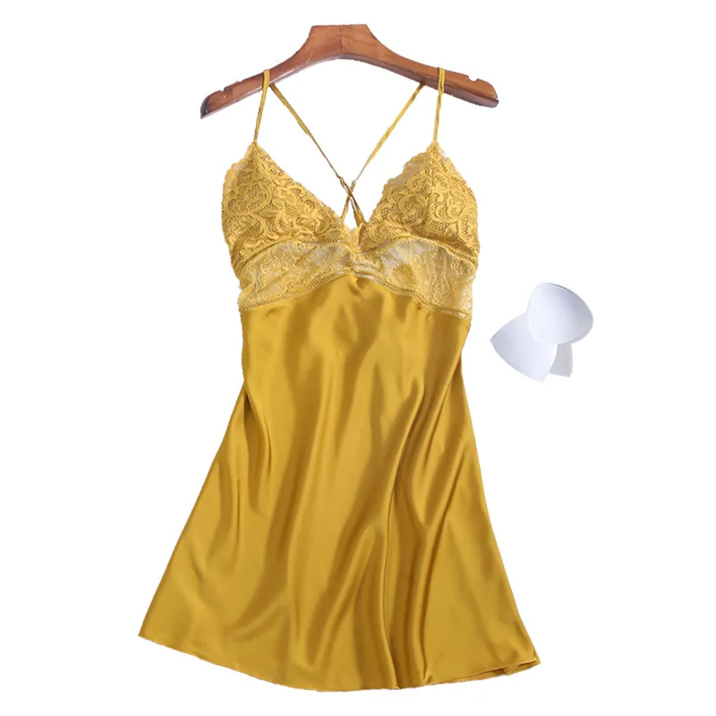 

Yellow Backless Spaghetti Strap Nightdress Lady Sexy V-Neck Hollow Out Nightgown Lace Trim Temptation Home Dress Rayon Sleepwear