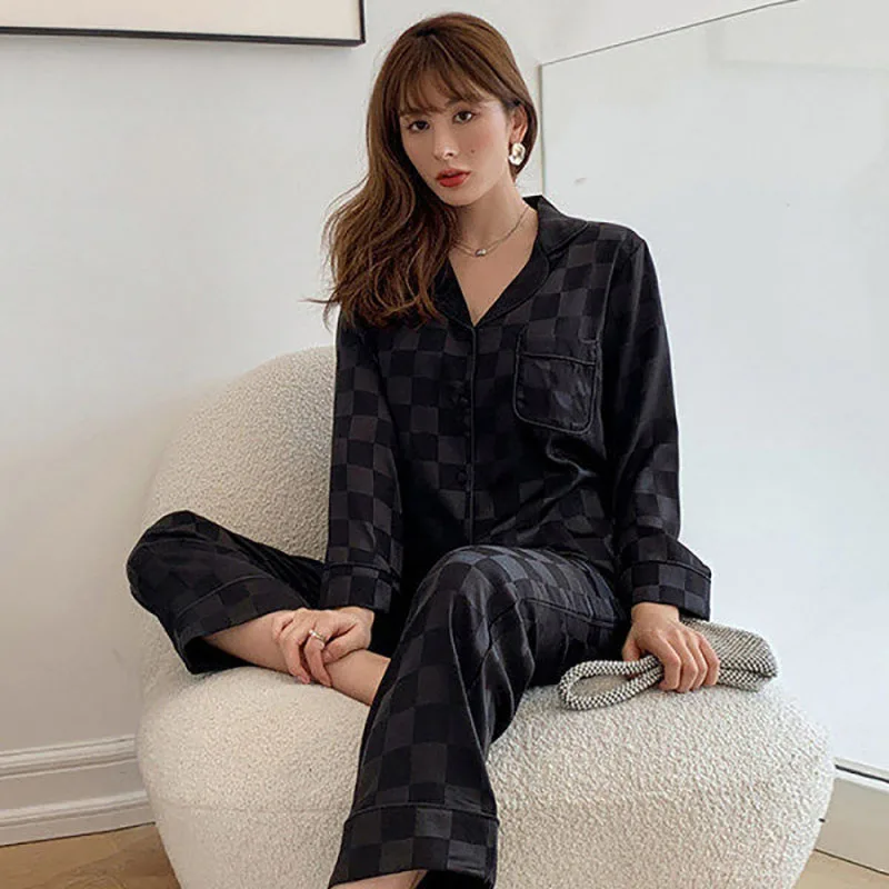 Sleepwear Women's Faux Silk Satin Pajamas Set Nightwear Long Sleeve Pajamas Home Clothes Set For women Sleeping Shirt Home Wear2