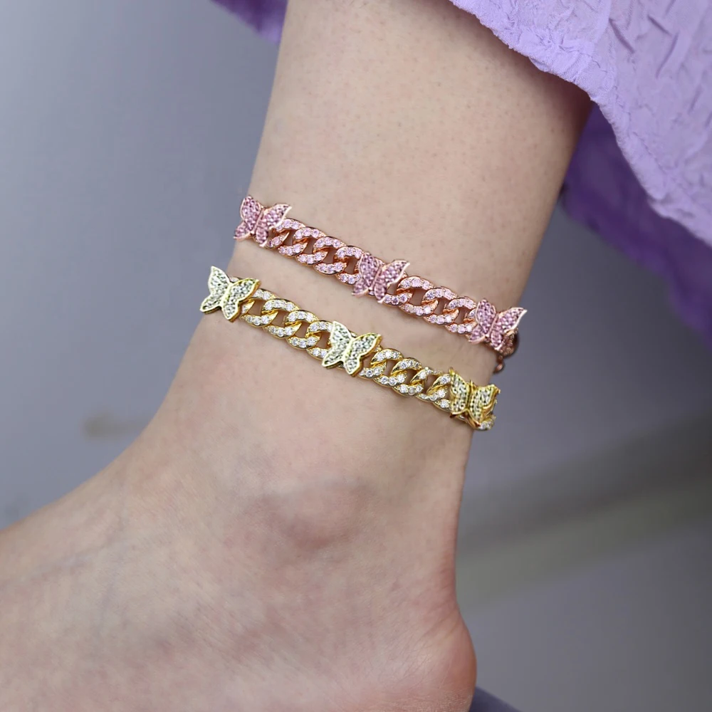 

Hip Hop Rhinestone 11mm Cuban Link Anklet Bracelet Butterfly for Women Bling Iced Out Crystal Animal Foot Bracelet Party Jewelry