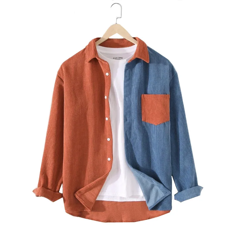 

2021 Men Corduroy Shirt Stitching Long Sleeve Lapel Style Slim Fit Vintage Corduroy Shirt Male Casual Loose Shirt Tops Camisa
