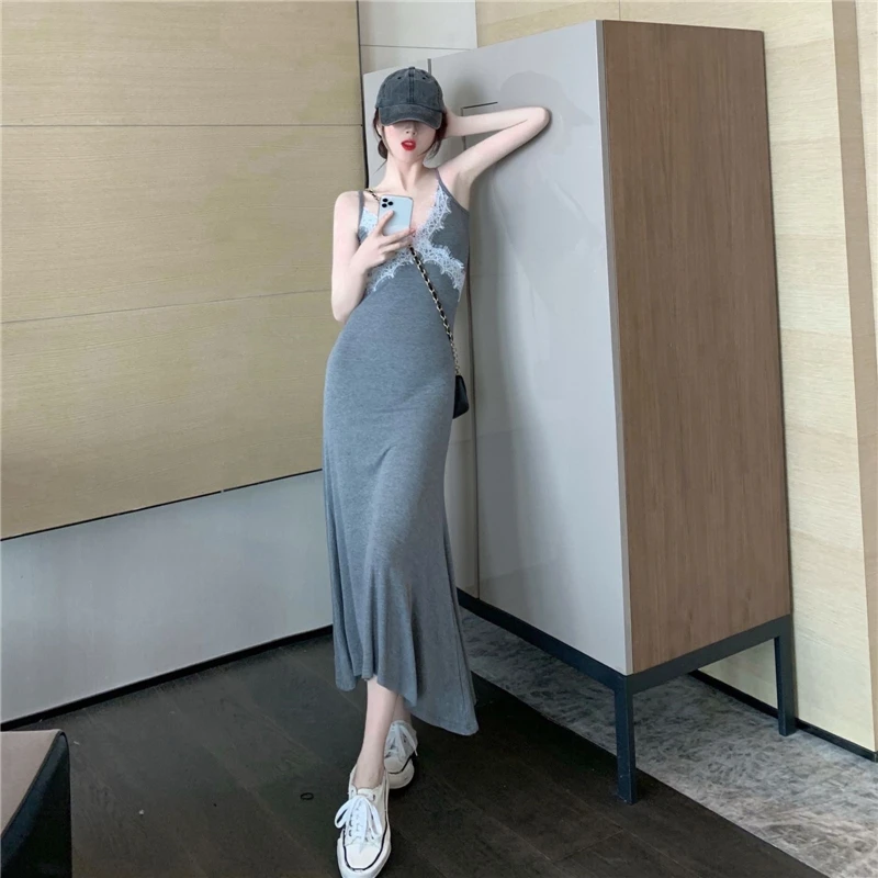 

Gray Lace Slim Fit Patchwork Slimming Mid-Length Low-Cut V-neck Sexy Sheath Strap Dress Goddess Temperament