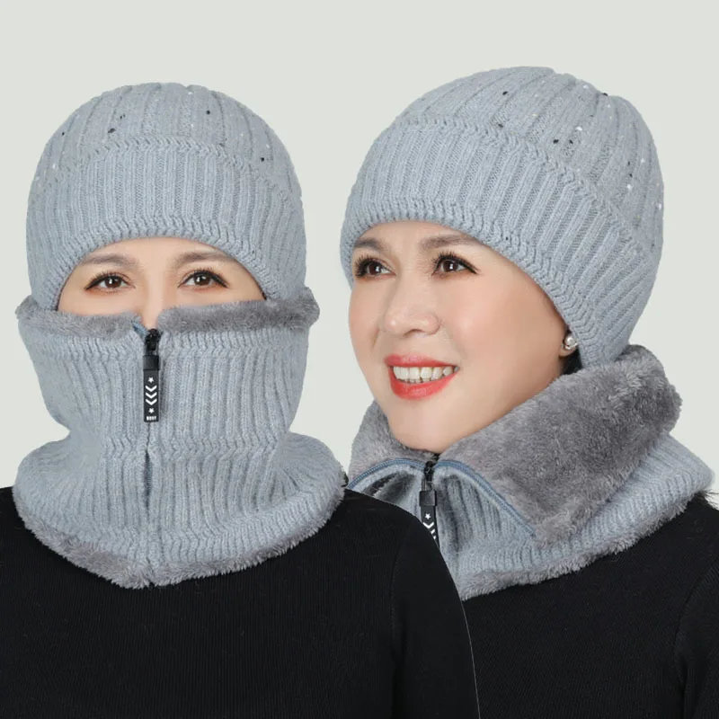 

Cotton wool middle and aged women knitted fleece-lined cap scarf winter protection hat neckerchief velvet warm mother bonnet