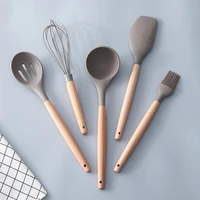 kitchen heat resistant beech wood handle silicone kitchenware soup spoon slotted spoon spatula oil brush whisk kitchen tools