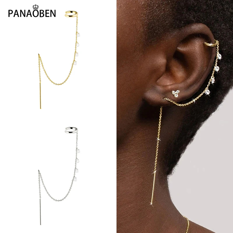 

PANAOBEN 925 Sterling Silver Geometry Fake Piercing Crystals Clip Earring for Women Unusual Earrings Stud fine Ear Cuffs Jewelry