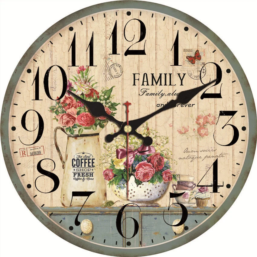 

Vintage Inspired French Pink Flowers Kitchen Wall Clock Flower Family Alway Coffee Shop Silent Battery Wall Watches Clock