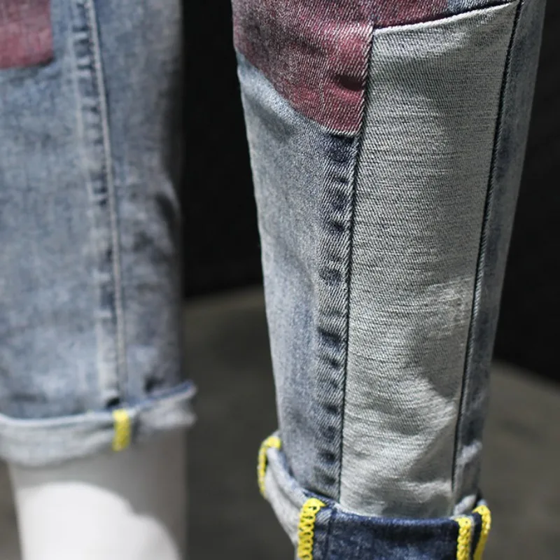 

High Street Vintage Washed Patchwork Hole Ripped Jeans Mens Slim Fit Printed Harajuku Casual Denim Pants Summer Jean Trousers