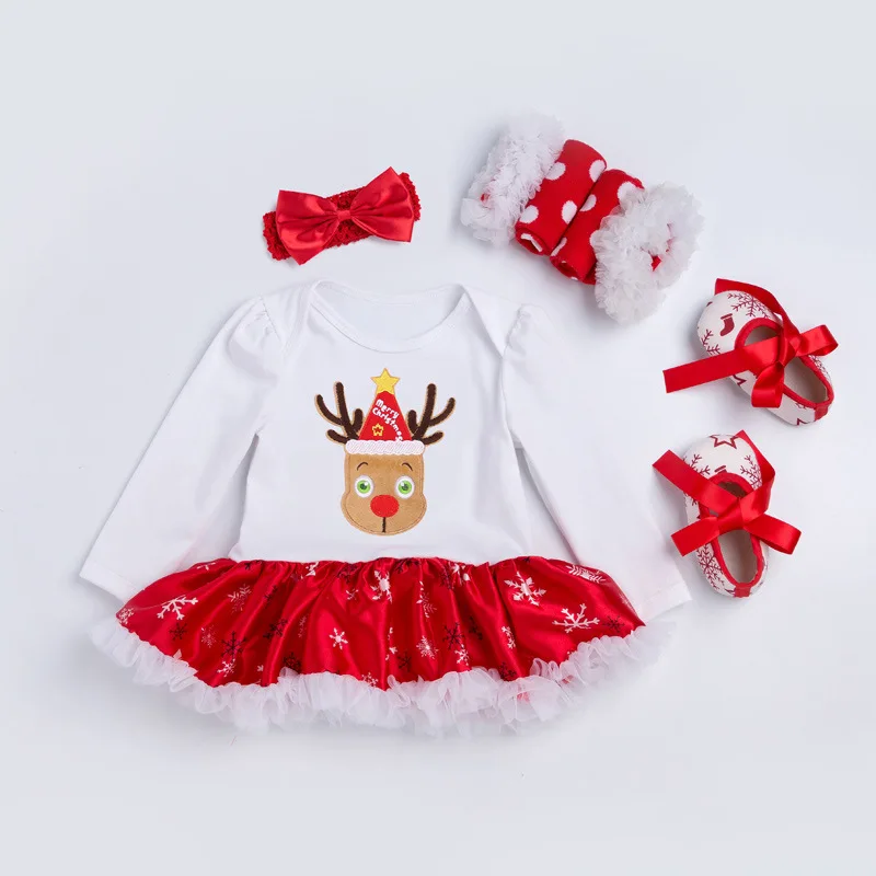 Christmas Baby Girl Clothes Dress Cotton Long Sleeve Children's Skirts Set 0-2 Newborn Four-piece Childen Clothing New Year Gift | Детская