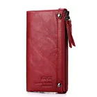 Кожаный кошелек на молнии, красная длинная кожаная сумка для денег, Женский кошелек для кредитных карт, женский кошелек