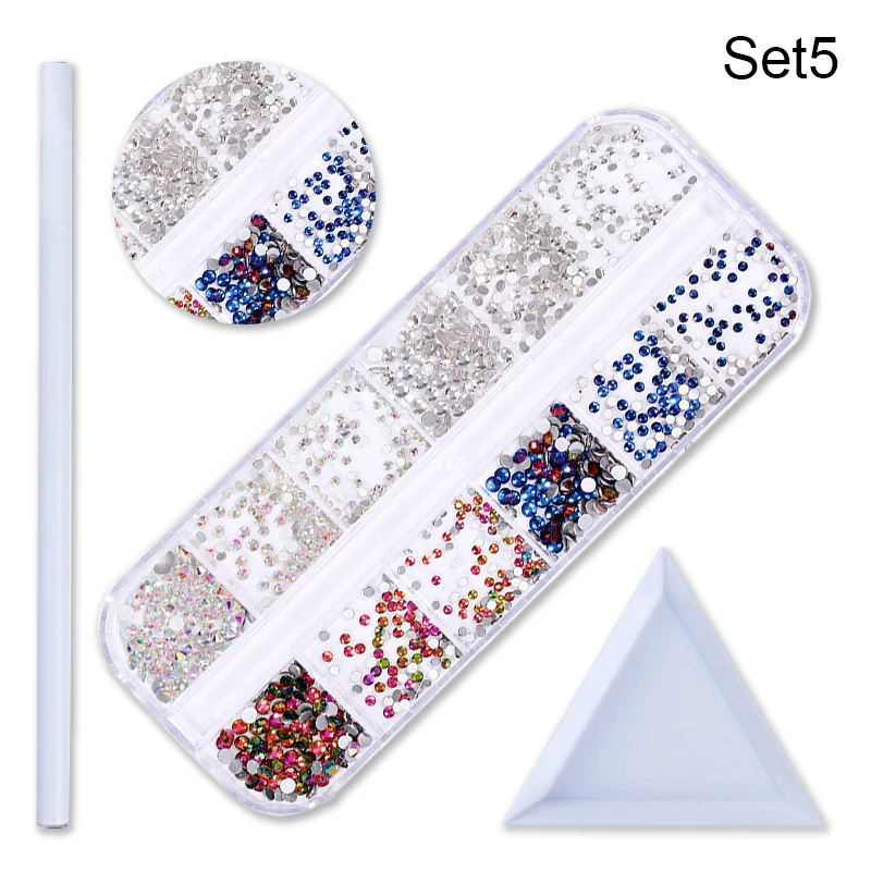 Set 5 1 коробка для дизайна ногтей 3D Амулеты Стразы для ногтей круглые смешанные цвета, плоский задник красочные блестящие стразы для украшения ногтей - Цвет: Set 5
