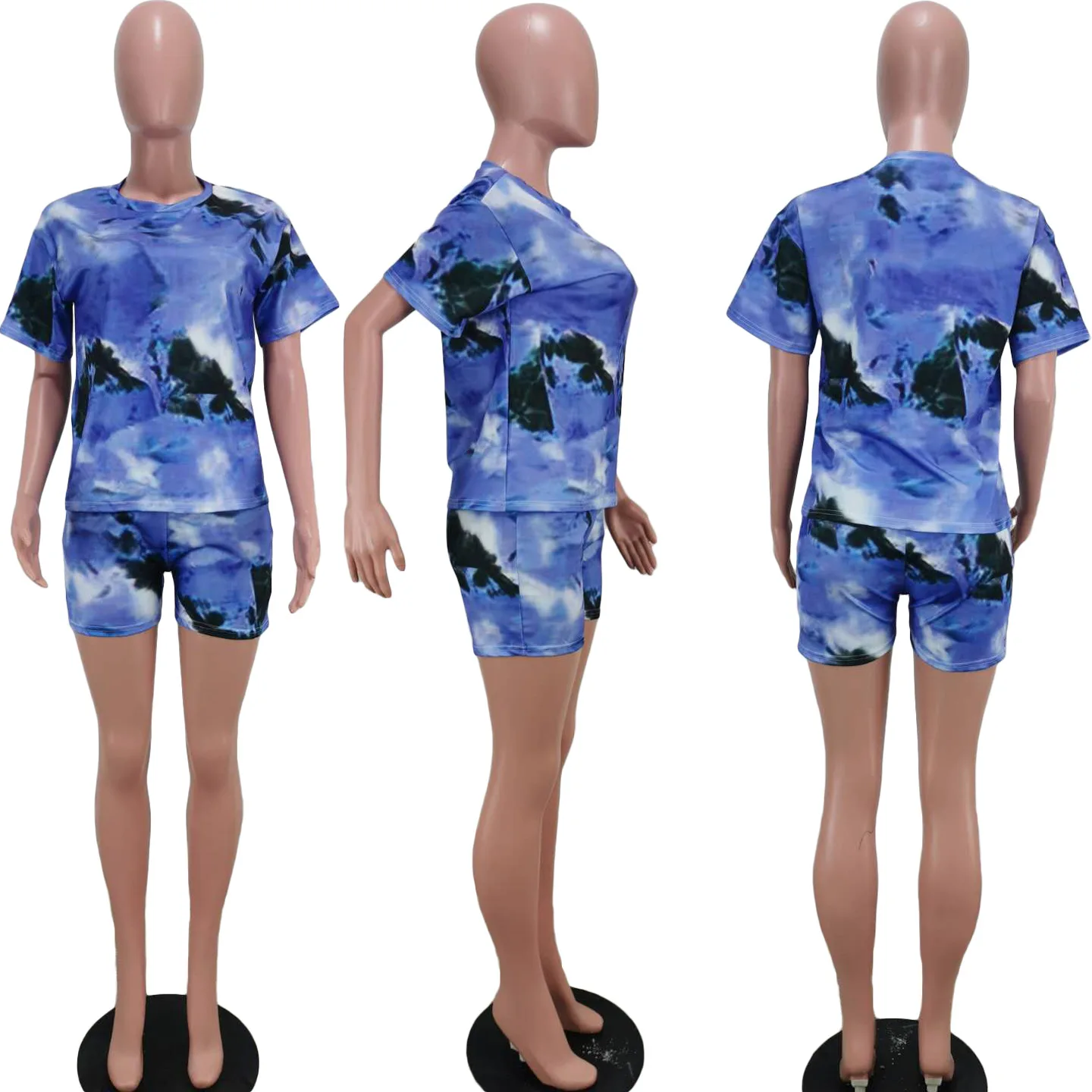 

Colorful Tie Dye Print Two Piece Outfit Women's Tracksuit O Neck Short Sleeve T Shirt And Biker Short Lounge Wear Matching Sets