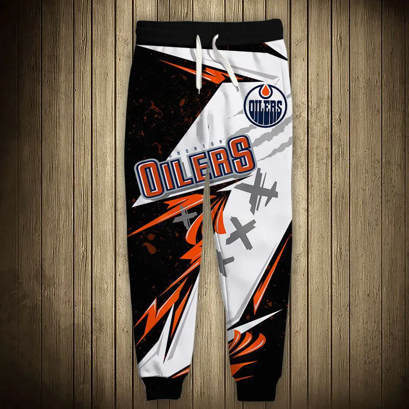 

Edmonton men's casual Oilers sports pants Orange and blue stripes stitching geometric pattern printing sweatpants Edmonton men'