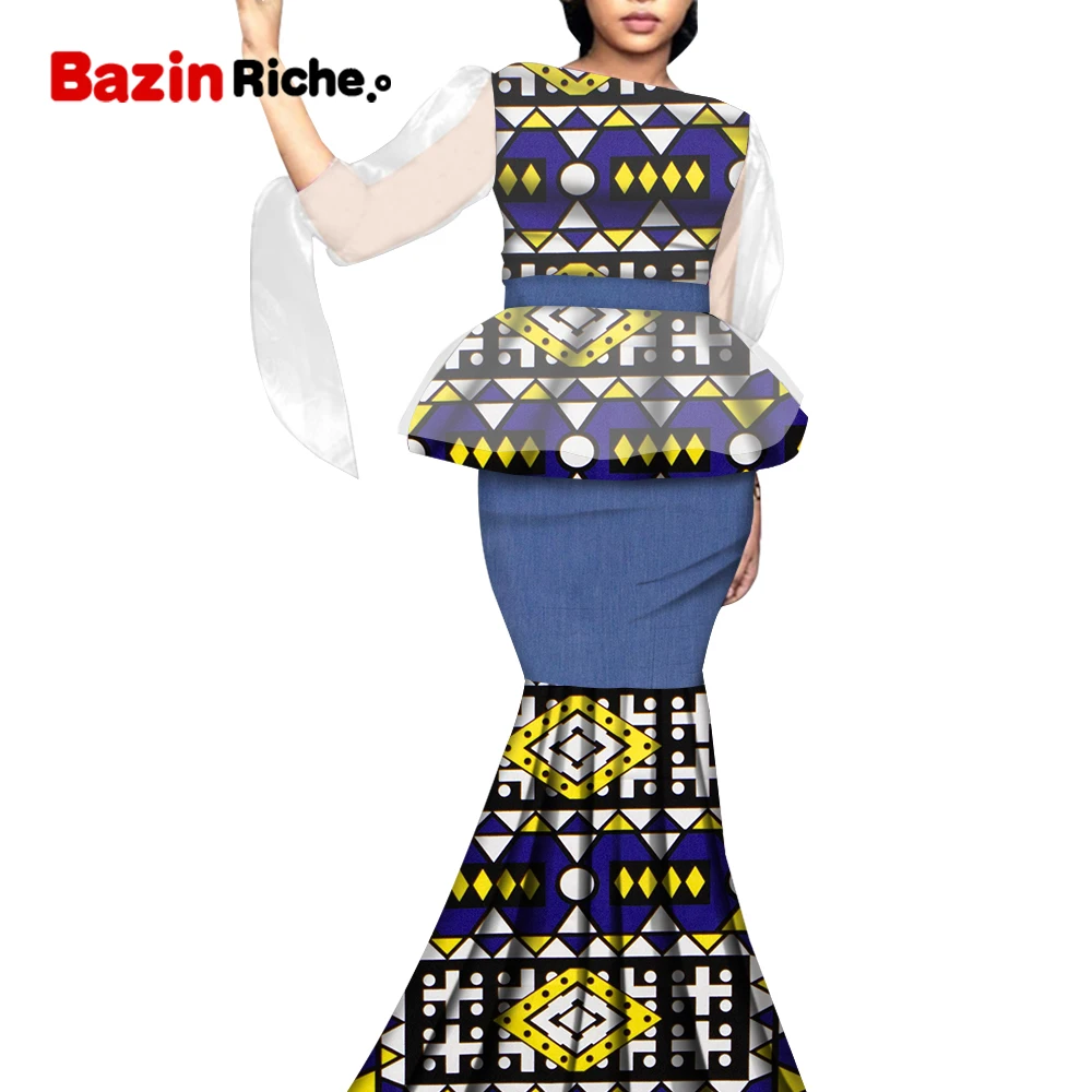 

Spring Summer Danshiki Women Skirt Set Thin Chiffon Sleeve Party Suits WY7200