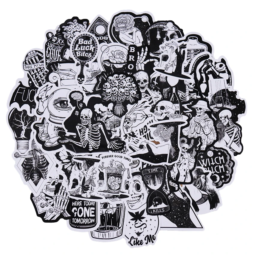 50 шт. черно белые готические стикеры в виде страшного скелета граффити наклейки