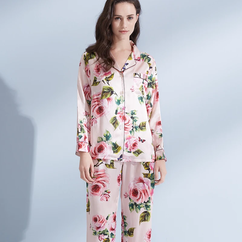 100% Real Silk Pajamas for Women Print Flower Sleepwear Full-Sleeves Pijamas Luxury Nightwear Silk Pyjama Black Nighties Femme