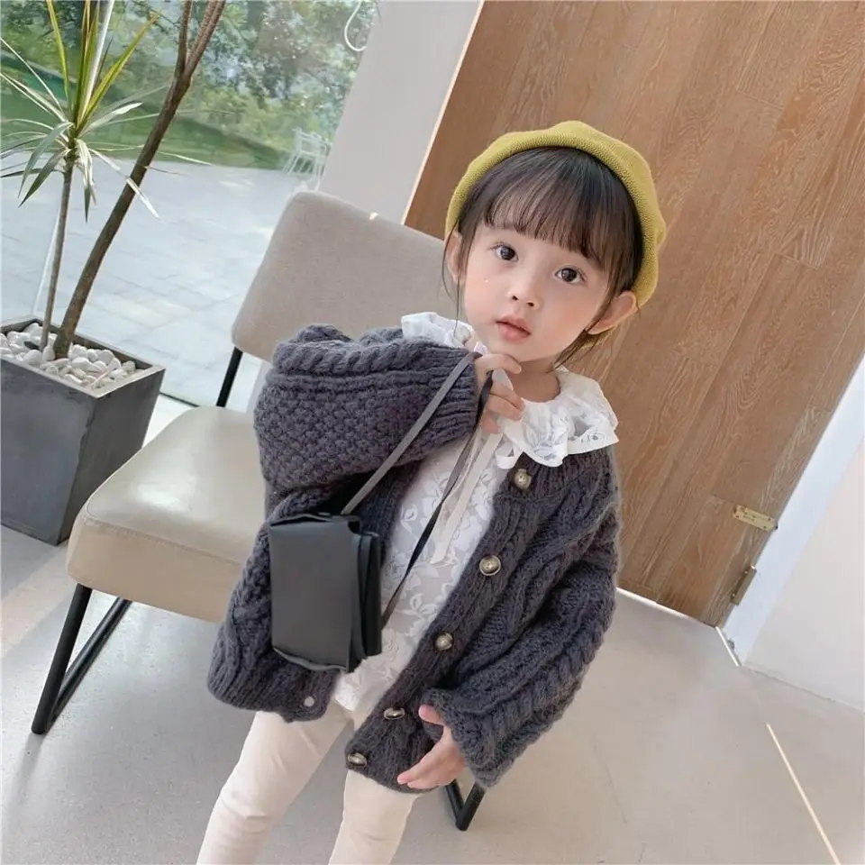 

Children's single-breasted pineapple needle cardigan jacket middle-aged Loose casual twist braid children's knitted sweater