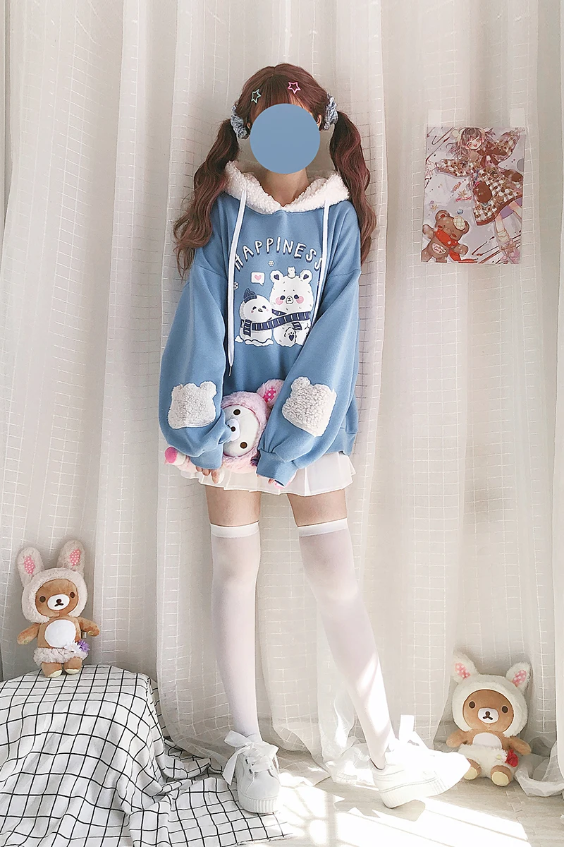 

Cartoon Happiness Polar Bear Snowman Girl Hoodie Casual Autumn Winter Camo Fleece Splicing Hooded Sweatshirt Lolita Blue Tops