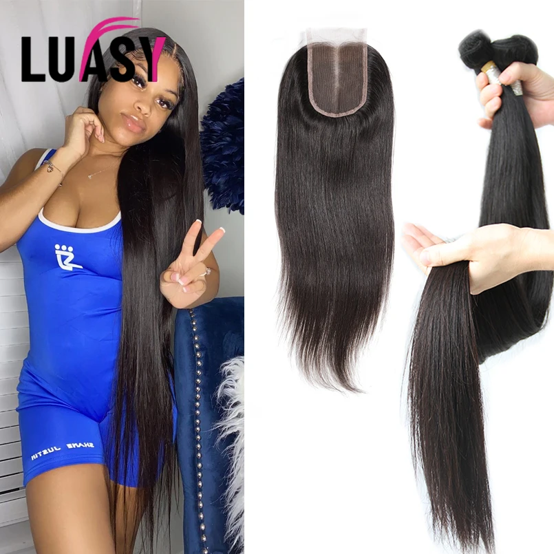 Luasy бразильские вплетаемые волосы пряди с закрытием прямые 100% Remy человеческие