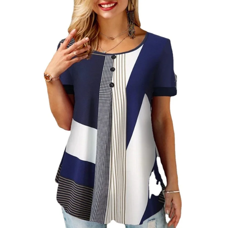 

Geometric Print Button Oversized T-shirt Women's Short-sleeved Tee Shirt O-neck Women's Clothing Tops Casual Camisetas De Mujer