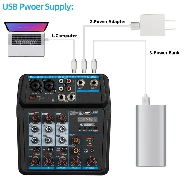 

4/6 Channels Audio Mixer Sound Mixing Console bluetooth USB Record Computer Playback 48V Phantom Power Delay Repaeat Effect