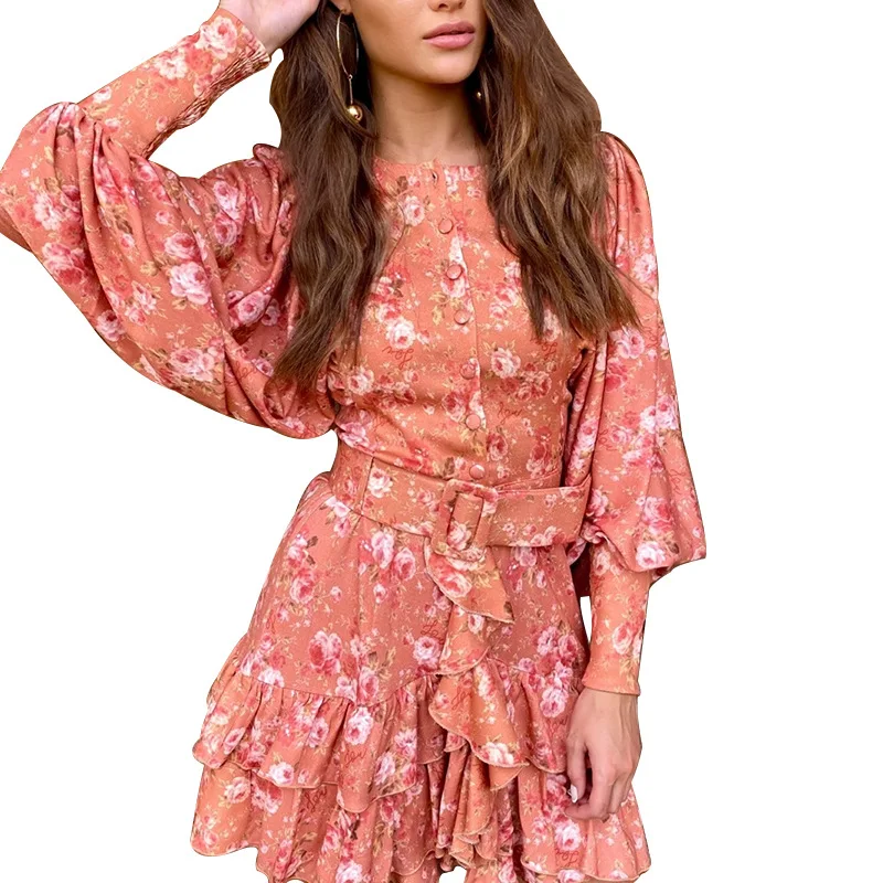 

European and American autumn new arrivals women's fashion sexy women's printed waist long sleeve elegant dress