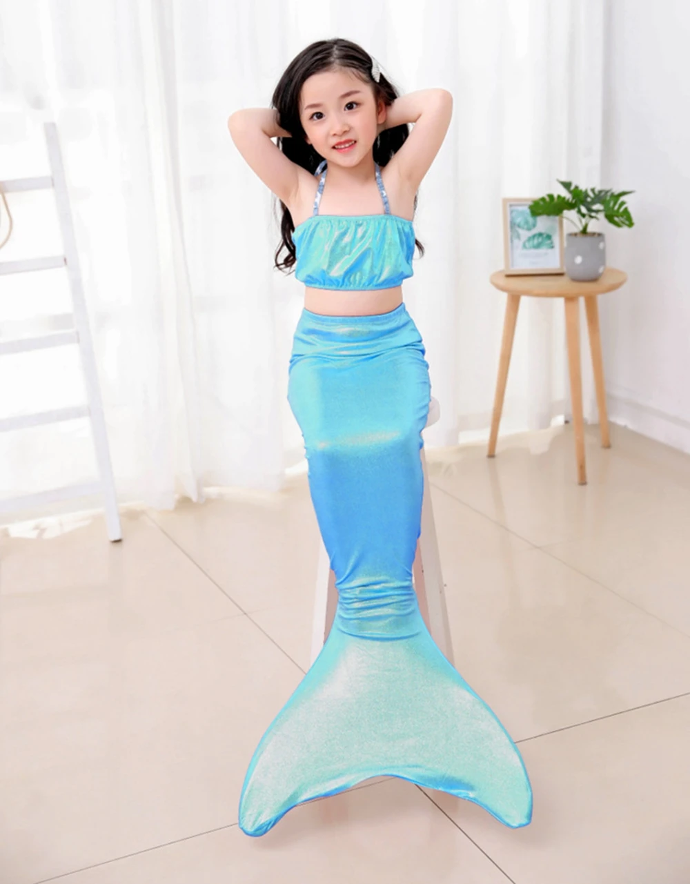 

3pcs Girls Swimmable Mermaid Tail Princess Dress with Monofin Kids Birthday Holiday Mermaid Cosplay Costume Bikini Set Swimsuit