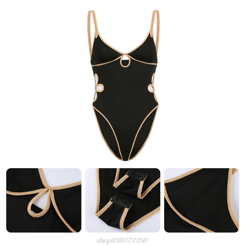 

Women Sexy Double Strappy Sleeveless Bodysuit Deep V-Neck Hollow Out Floral Leotard Contrast Color Backless MY27 21 Dropship