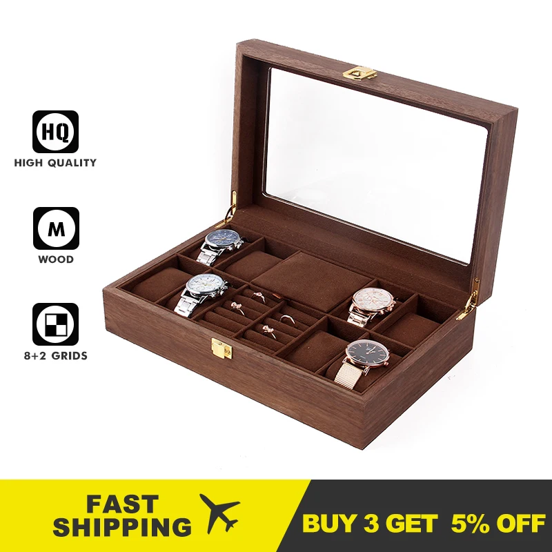 

8+2 Grids Retro Wooden Watch Display Box Transparent Skylight Jewelry Storage Boxes With Flannel Pillows Drop Shipping FJ9008