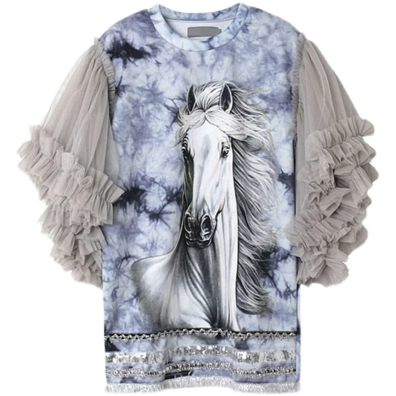 

Spring 2021 women's T-shirt Tide brand white horse printing sequins super fairy mesh sleeves loose mid-length T-shirt female