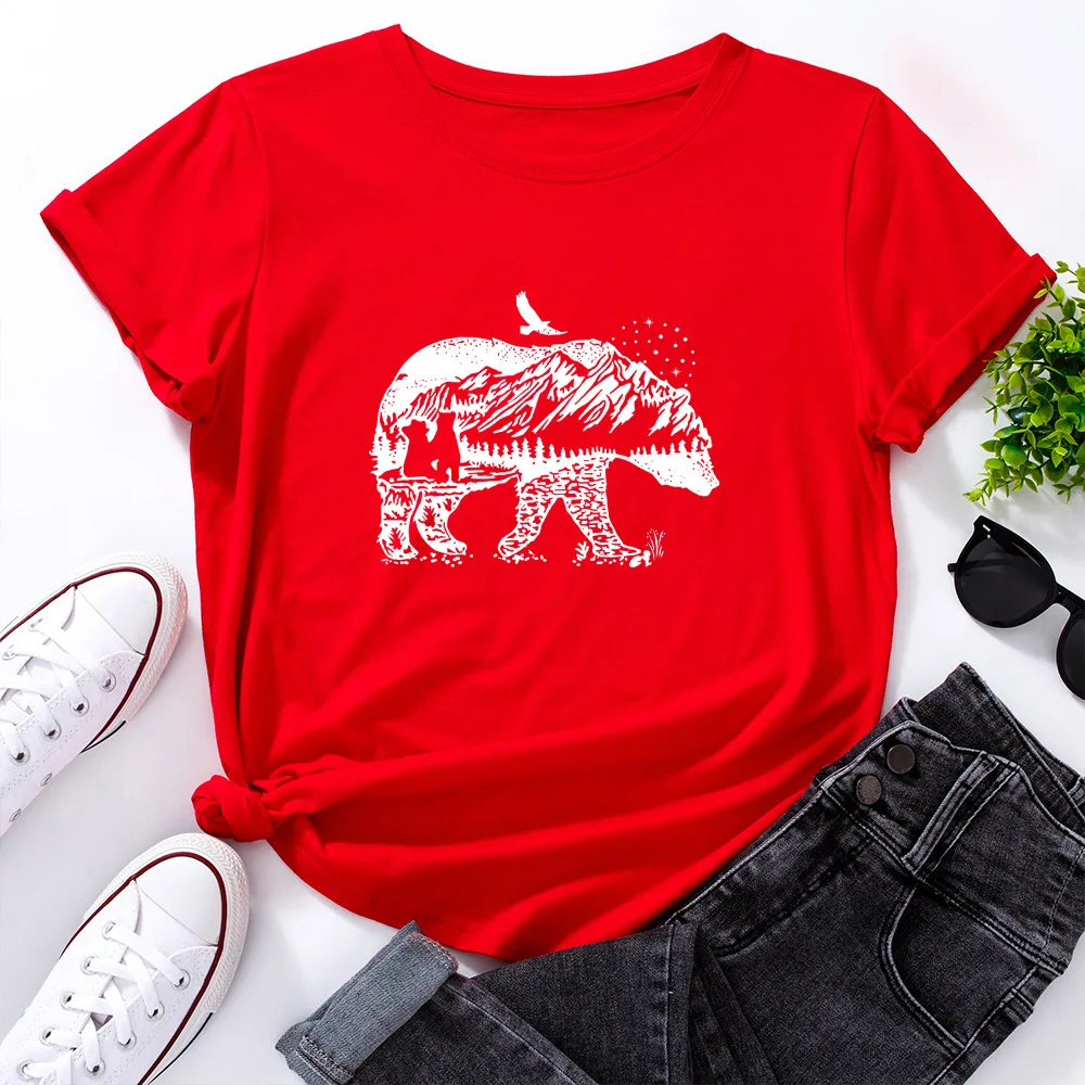 

JFUNCY Plus Size Cotton T-Shirt Women T Shirt Bear Print Short Sleeve Woman Shirts Casual Summer Graphic Tees Female