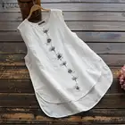Женская винтажная блузка без рукавов, из хлопка и льна, с цветочным принтом, женские майки, топы