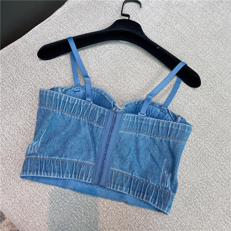 2020 Fall Winter Woman Slim Fit Three-Dimensional Cup Rhinestone Short Denim Camisole Top Female Lady Night-Club Wear Bra