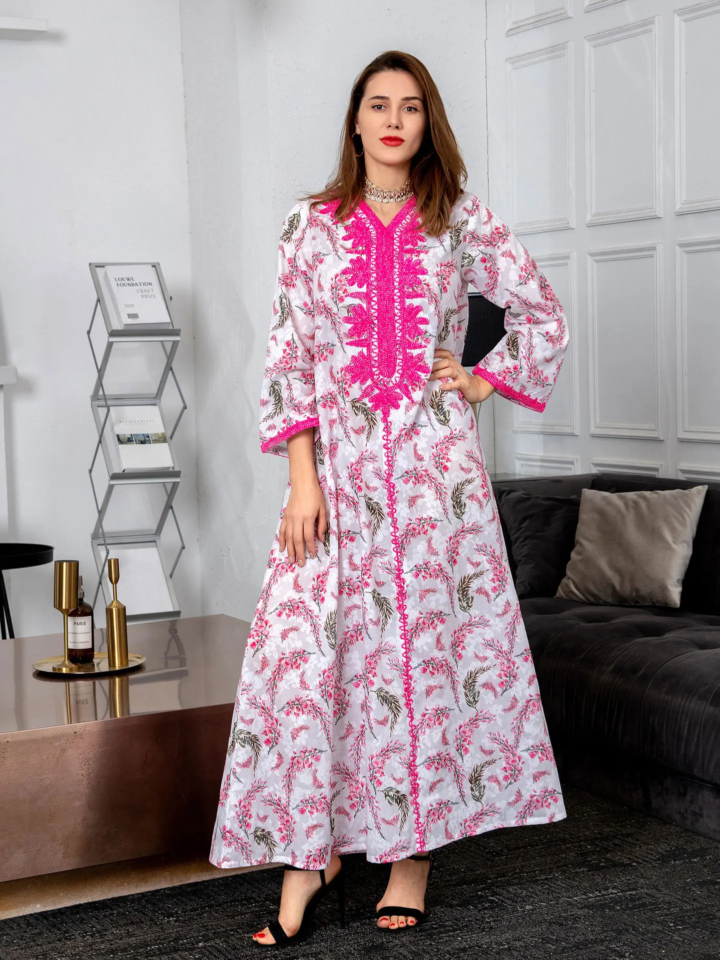 Женское хлопковое вечернее платье Jalabiya, длинное платье в арабском стиле с цветочным принтом, мусульманская Рамадана, марокканская кафтан, б...