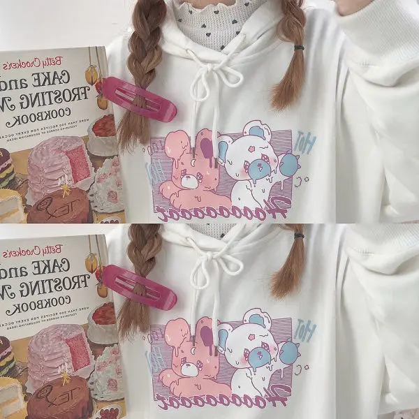 Толстовка с капюшоном в стиле Харадзюку смешные худи принтом кролика женский