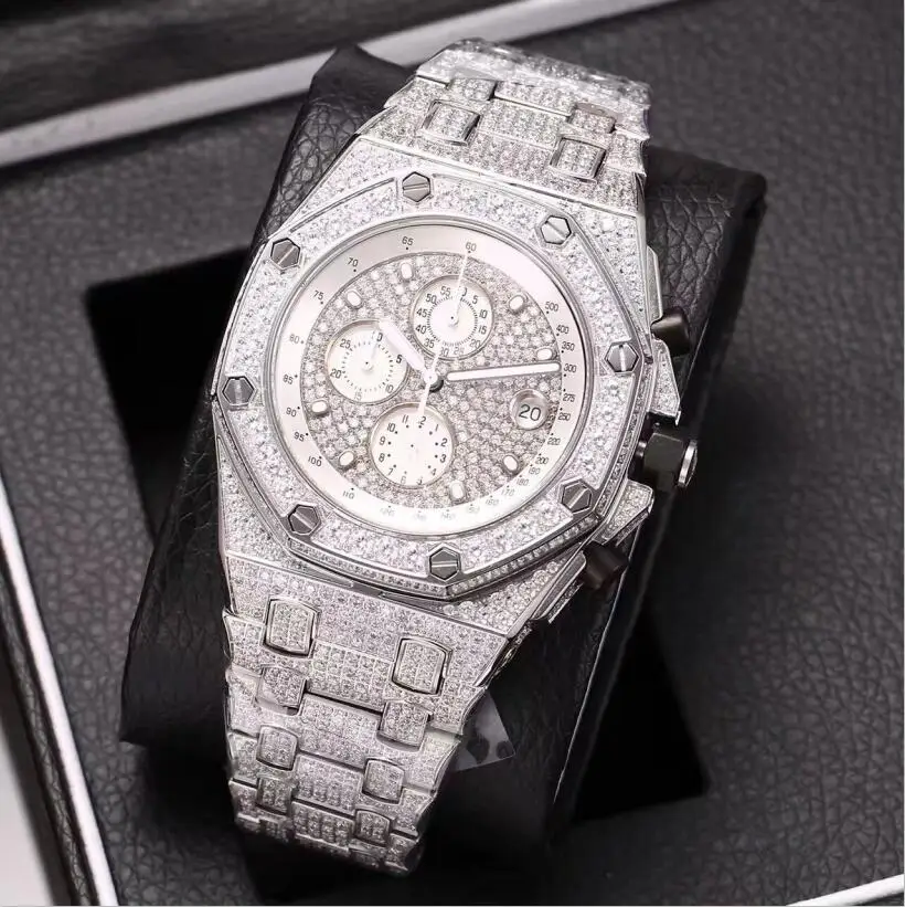 Серебро iced out мужские часы с бриллиантами супер качество кварцевые функция