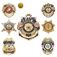 usa punk brass badge international cop commission motorcycle warrior metal large medal brooch pin buckle for clothes vest hat