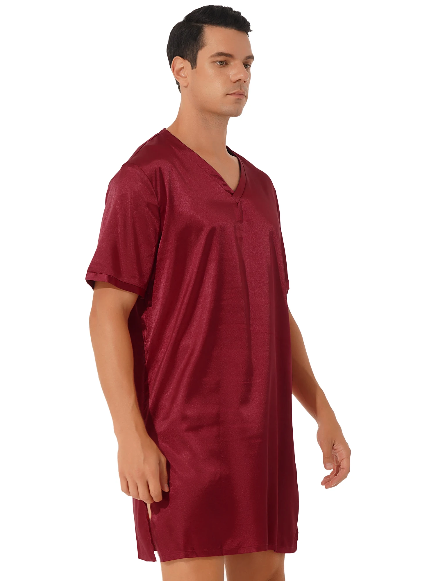 Men Satin Sleepwear V Neck Short Sleeve Nightgown Nightclothes Homewear Sides Split Nightwear